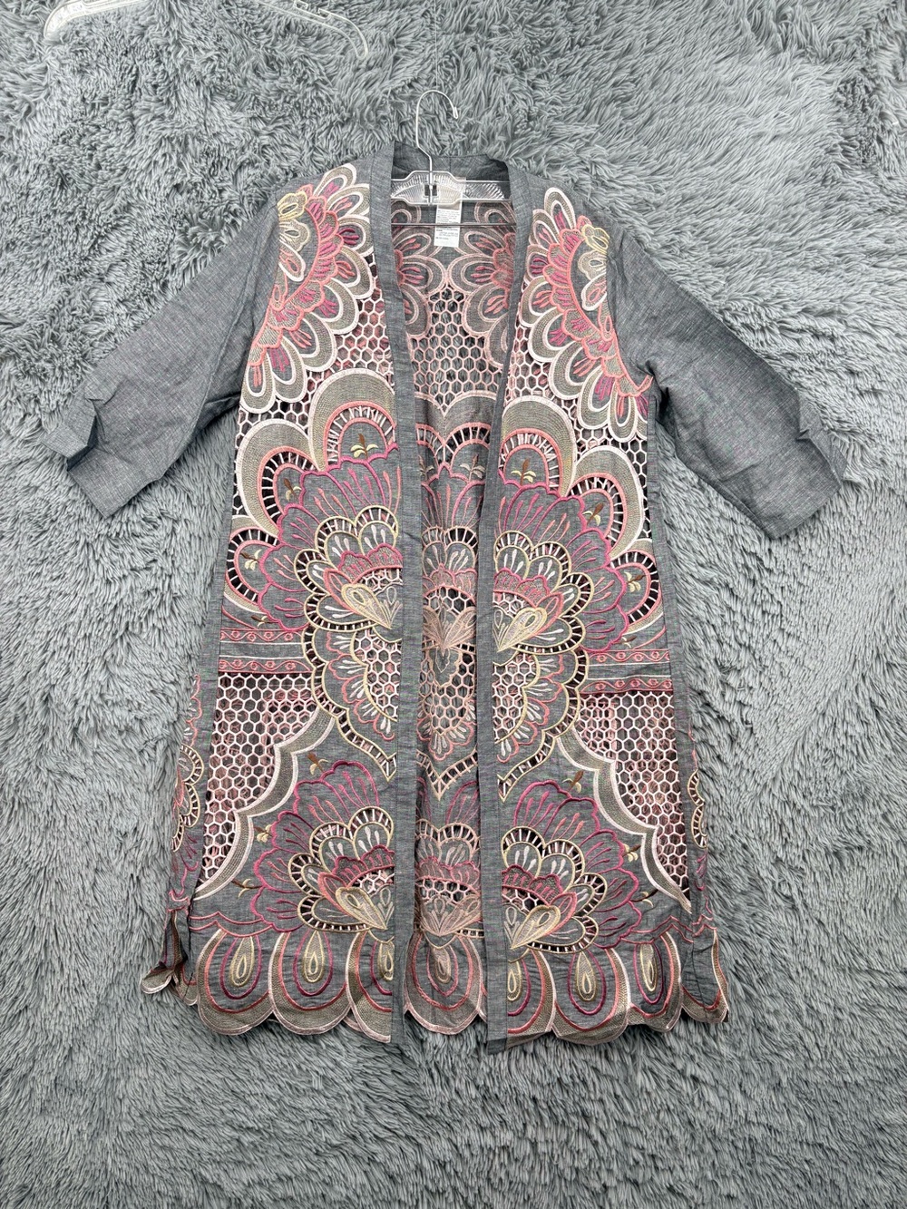 Chicos Kimono Jacket Womens Small Medium Gray Pink Linen Blend Scalloped Hem
